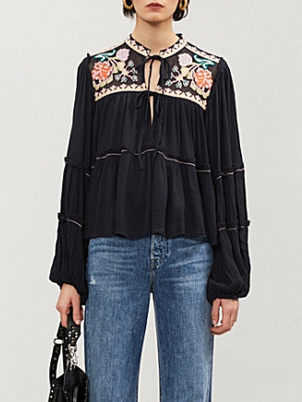 Free People In Vivid Colour Embroidered Black Peasant Blouse with Floral Yoke